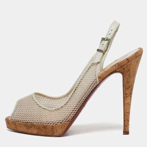 مملوكة مسبقًا Christian Louboutin White Leather and Mesh Ankle Strap Sandals Size 39.5