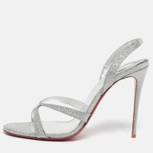 Pre Owned Christian Louboutin Silver Glitter Emilie Slingback Sandals Size 38