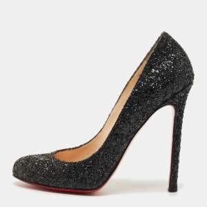 Pre Owned Christian Louboutin Black Glitter Lady Lynch Pumps Size 37