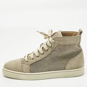 Pre Owned Christian Louboutin Beige/Cream Woven Fabric and Suede Rantus Orlato High Top Sneakers Size 39.5