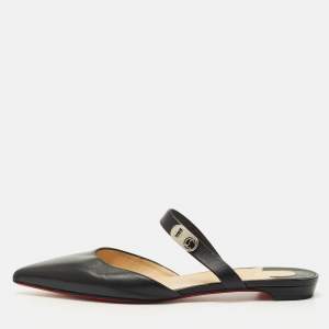 Pre Owned Christian Louboutin Black Leather Choc Lock Flat Mules Size 40.5