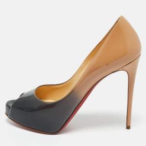 Pre Owned Christian Louboutin Beige/Black Patent Leather Very Prive Platform Pumps Size 37.5