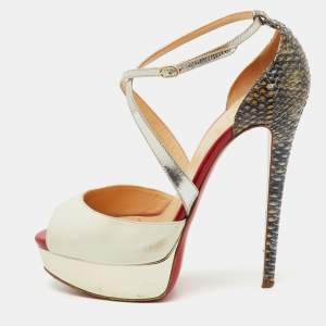 مملوكة مسبقًا Christian Louboutin Multicolor Python and Leather Crisscross Peep Toe Platform Pumps Size 38