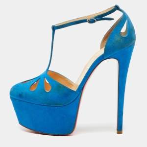 مملوكة مسبقًا Christian Louboutin Blue Suede Mayada T-Strap Platform Pumps Size 38.5