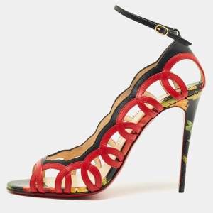 Pre Owned Christian Louboutin Red/Black Cut-Out Leather Houla Open Toe Pumps Size 39