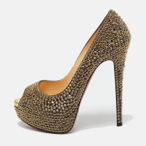 مملوكة مسبقًا Christian Louboutin Gold Crystals and Leather Lady Peep Peep Toe Pumps Size 38