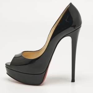 مملوكة مسبقًا Christian Louboutin Black Patent Leather Lady Peep Platform Pumps Size 37.5