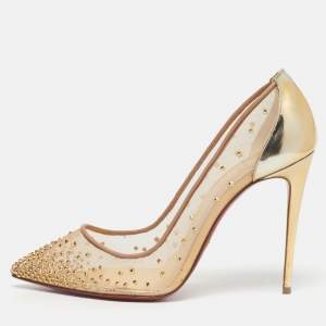 مملوكة مسبقًا Christian Louboutin Gold Leather and Mesh Follies Strass Pumps Size 39