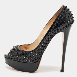 Pre Owned Christian Louboutin Black Patent Lady Peep Toe Spikes Platform Pumps Size 39