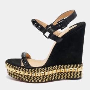 Pre Owned Christian Louboutin Black Suede Studded Cataclou Espadrille Wedge Sandals Size 40