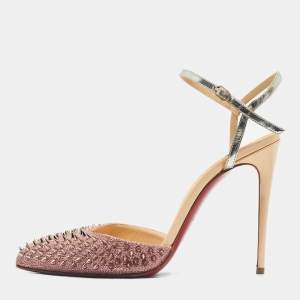 Pre Owned Christian Louboutin Pink/Beige Lurex Fabric and Leather Baila Spike Ankle Strap Pumps Size 36.5
