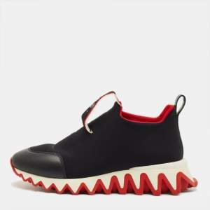 Pre Owned Christian Louboutin Black Leather and Neoprene Tiketa High Top Sneakers Size 38.5