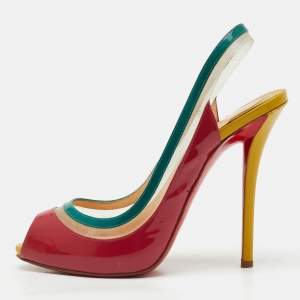 Pre Owned Christian Louboutin Multicolor Patent Leather and PVC Paulina Peep Toe Slingback Sandals Size 38