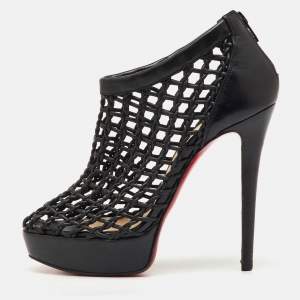 Pre Owned Christian Louboutin Black Leather Coussin Platform Ankle Booties Size 37
