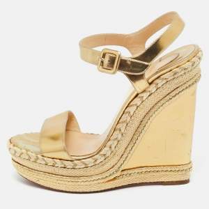 Pre Owned Christian Louboutin Gold Leather Wedge Sandals Size 39