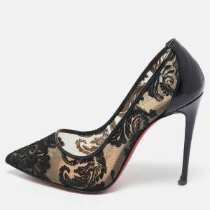 Pre Owned Christian Louboutin Black Lace and Patent Leather Follies Dentelle Pumps Size 36.5