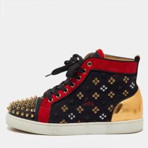 Pre Owned Christian Louboutin Multicolor Fabric and Leather Lou Spike Orlato High Top Sneakers Size 38.5