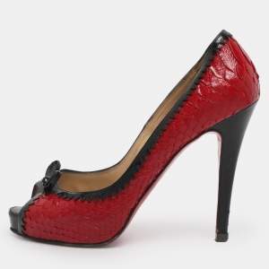 Pre Owned Christian Louboutin Red/Black Python Leather Bow Very Prive Peep-Toe Pumps Size 36.5