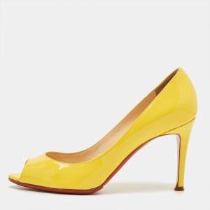 Pre Owned Christian Louboutin Yellow Patent Leather Lady Peep Pumps Size 37
