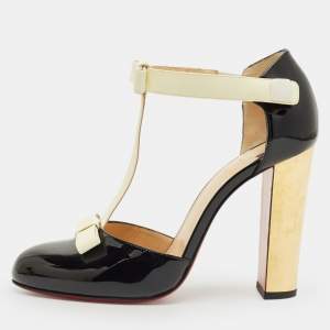 Pre Owned Christian Louboutin Black/Off White Patent Leather T Strap Pumps Size 38