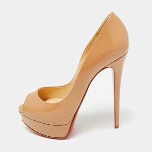 Pre Owned Christian Louboutin Beige Patent Leather Lady Peep Peep Toe Pumps Size 36
