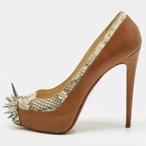 Pre Owned Christian Louboutin Brown Leather and Python Asteroid Spike Platform Pumps Size 41