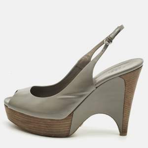 Pre Owned Christian Louboutin Grey Leather Slingback Wedge Pumps Size 40.5