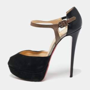 Pre Owned Christian Louboutin Black/Grey Leather Peep Toe Platform Pumps Size 41