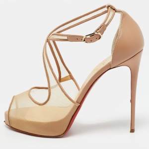 مملوكة مسبقًا Christian Louboutin Beige Leather and Mesh Mariacar Peep Toe Pumps Size 38.5