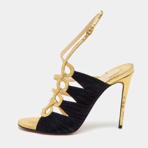 Pre Owned Christian Louboutin Gold/Black Patent Leather and Suede Tina Cage Sandals Size 36.5