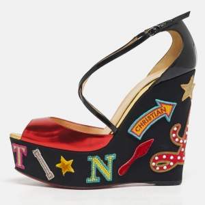 مملوكة مسبقًا Christian Louboutin Multicolor Patent Leather Loubi Zeppa Wedge Sandals Size 39