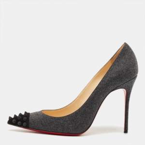 Pre Owned Christian Louboutin Grey/Black Wool Geo Spiked Pumps Size 37