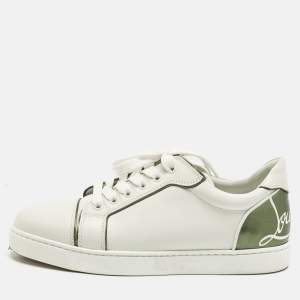 Pre Owned Christian Louboutin White/Green Leather Fun Vieira Low Top Sneakers Size 38