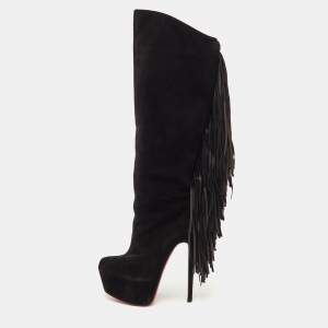 مملوكة مسبقًا Christian Louboutin Interlopa Fringe Size 37 Black Suede Platform Knee Length Boots