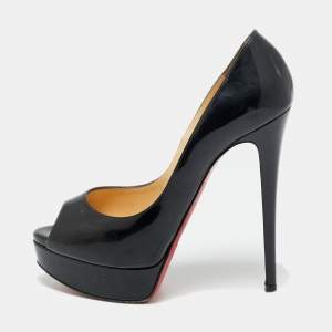 مملوكة مسبقًا Christian Louboutin Black Patent Leather Lady Peep Toe Platform Pumps Size 38.5