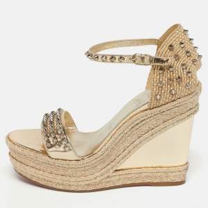 مملوكة مسبقًا Christian Louboutin Madmonica Size 38 Gold Leather and Raffia Espadrille Sandals