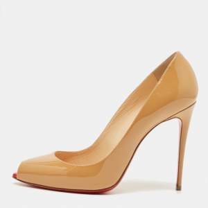 مملوكة مسبقًا Christian Louboutin Size 38.5 Beige Patent Leather Peep Toe Pumps