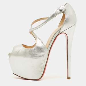 Pre Owned Christian Louboutin Cross Me Size 35 Silver Leather Ankle Strap Sandals