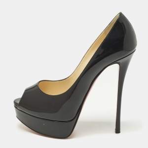 Pre Owned Christian Louboutin Lady Peep Size 38 Black Patent Leather Platform Pumps