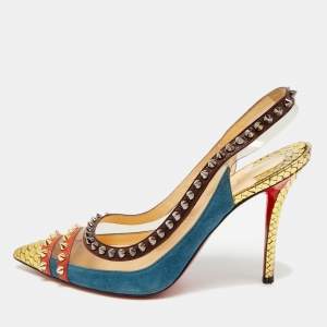 Pre Owned Christian Louboutin Studded Cloo Size 37.5 Multicolor PVC, Snakeskin, and Suede Slingback Pumps