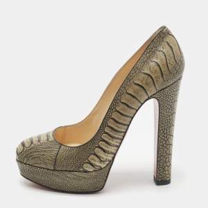 Pre Owned Christian Louboutin Bibi Size 38.5 Olive Green Ostrich Leg Leather Platform Pumps