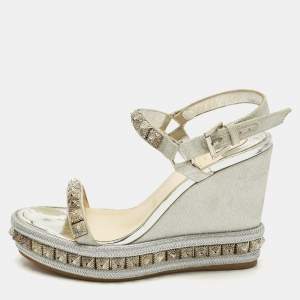 Pre Owned Christian Louboutin Pyraclou Size 38 Silver Glitter and Leather Wedge Sandals