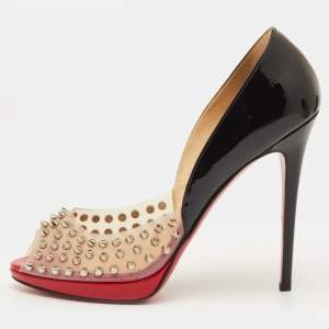 Pre Owned Christian Louboutin Engin Size 41 Black Patent Leather and PVC Spikes Peep Toe Pumps