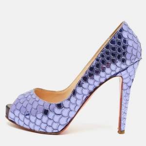 Pre Owned Christian Louboutin Poseidon Size 36.5 Purple  Scaled Leather Peep Toe Pumps