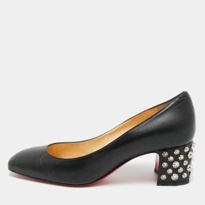 مملوكة مسبقًا Christian Louboutin Donna Size 39 Black Leather Spike Block Heel Pumps