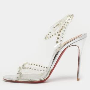 مملوكة مسبقًا Christian Louboutin Icon A Clous Size 38.5 Silver PVC Ankle Strap Sandals