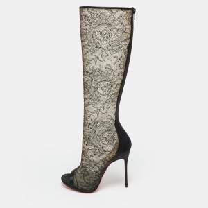 مملوكة مسبقًا Christian Louboutin Size 38 Black Lace and Satin Open Toe Knee Length Boots