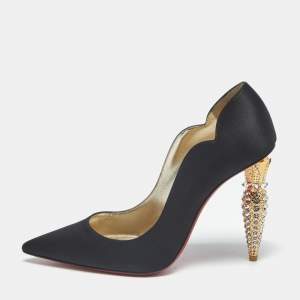 Pre Owned Christian Louboutin Lipstrass Size 39 Black Satin Pumps