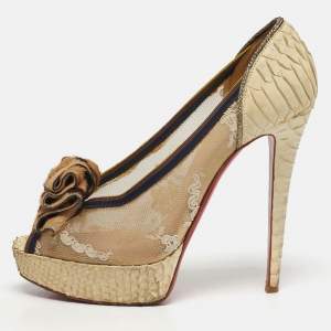 Pre Owned Christian Louboutin Lady Peep Size 39.5 Beige Lace and Python Leather Peep Toe Pumps