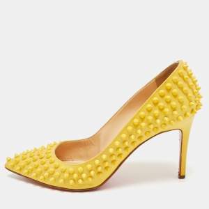 Pre Owned Christian Louboutin Pigalle Spikes Size 39.5 Yellow Patent Leather Pumps